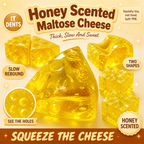 Honey Scented Maltose Cheese squishy: translucent amber cheese wedge and square blocks with holes you can see through