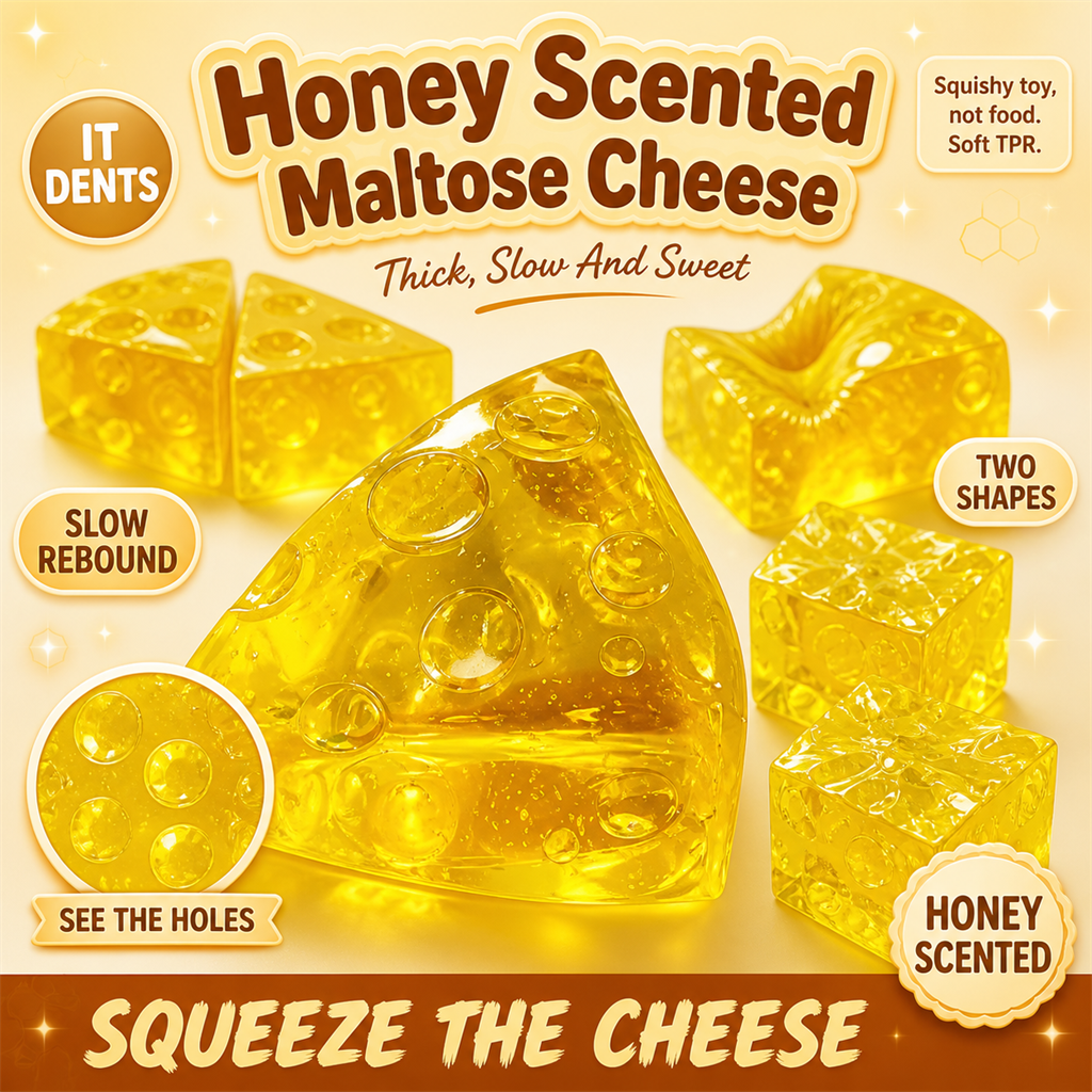 Honey Scented Maltose Cheese squishy: translucent amber cheese wedge and square blocks with holes you can see through