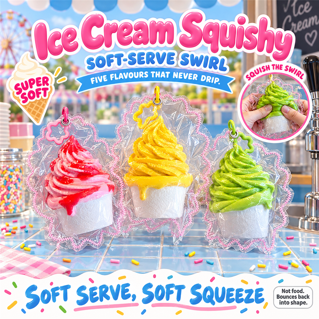 Ice Cream Squishy poster - strawberry, mango and matcha soft-serve cup squishies in clear frilly pouches on a retro kiosk counter