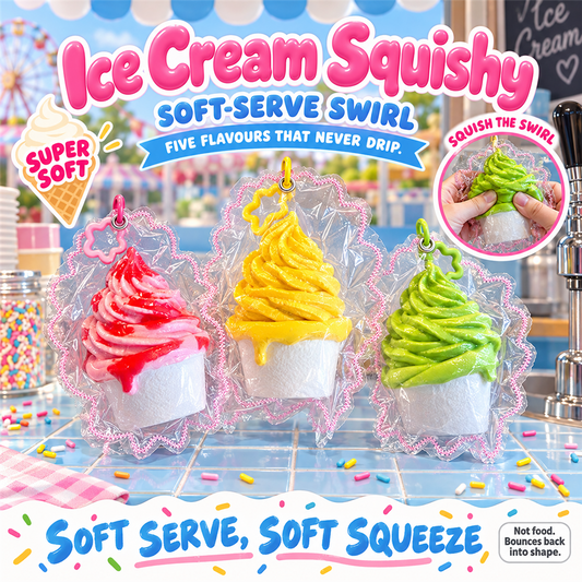 Ice Cream Squishy poster - strawberry, mango and matcha soft-serve cup squishies in clear frilly pouches on a retro kiosk counter