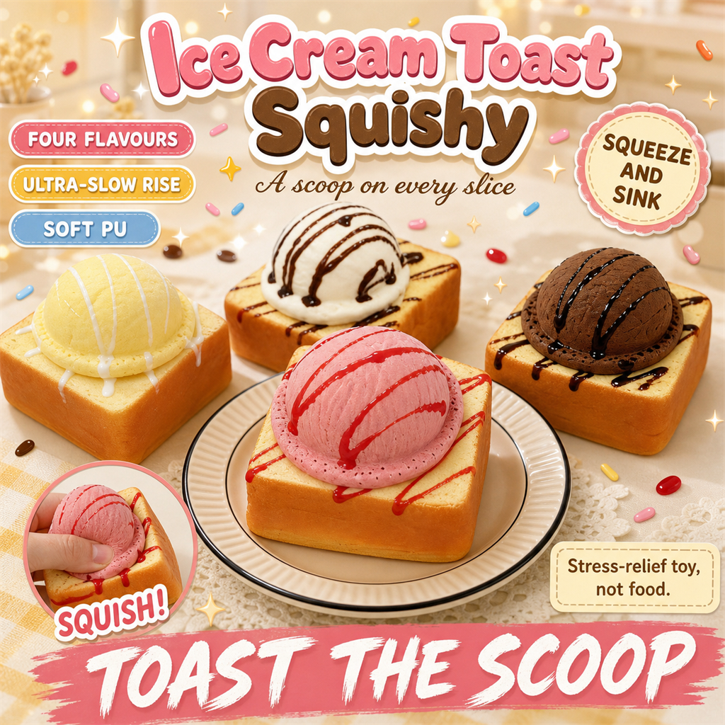 Ice Cream Toast Squishy poster - toast squishy with ice cream scoop in four flavours