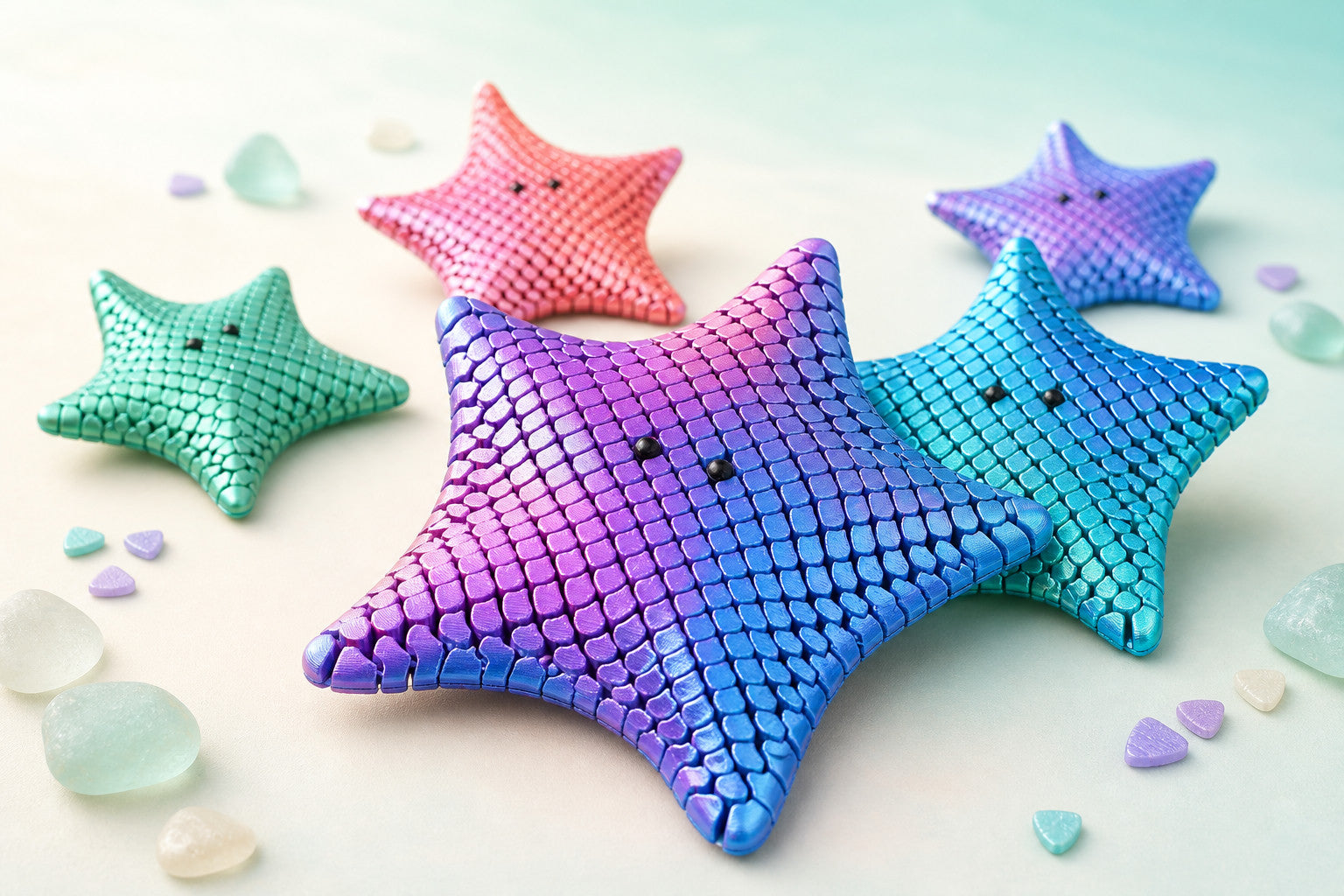 Five 3D-printed articulated starfish toys with scaled segments, in green, coral pink, purple, violet and teal, on pale sand.