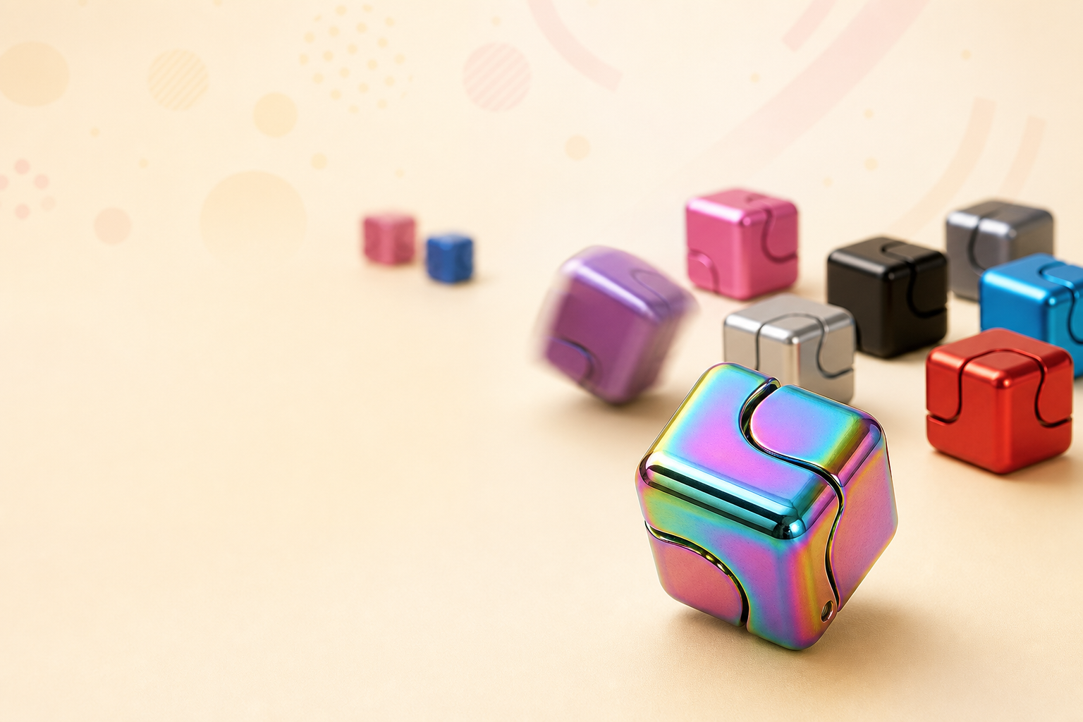 Metal infinity fidget cubes, a rainbow anodised one in front with pink, purple, silver, black, blue and red cubes behind.