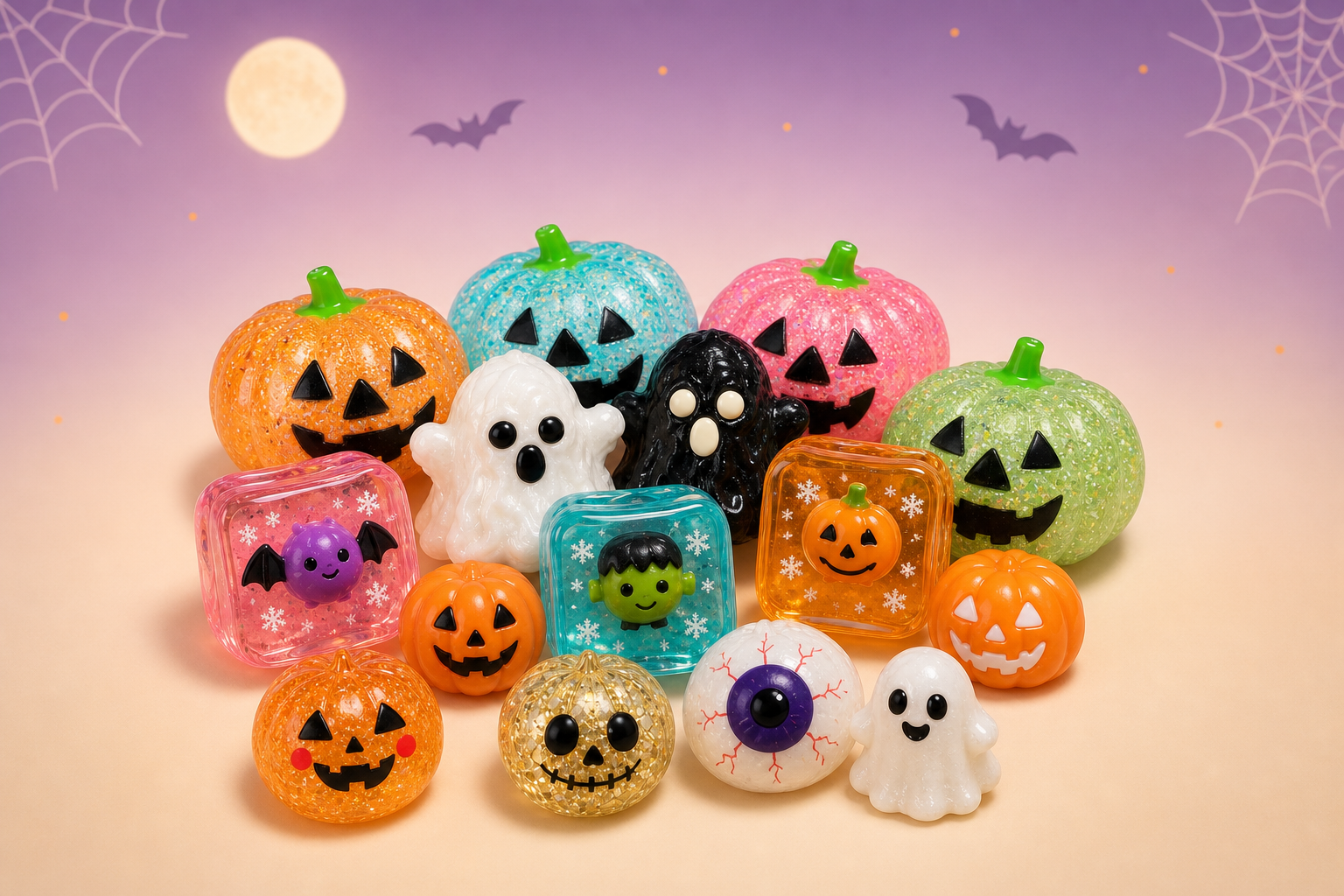 A pile of Halloween squishies: glitter jack-o-lanterns, sheet ghosts, jelly cubes with a bat and pumpkin inside, and a glitter skull and eyeball.