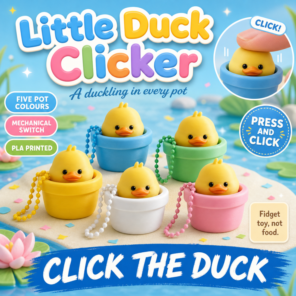 Little Duck Clicker poster - 3D-printed duckling pot clickers in five colours