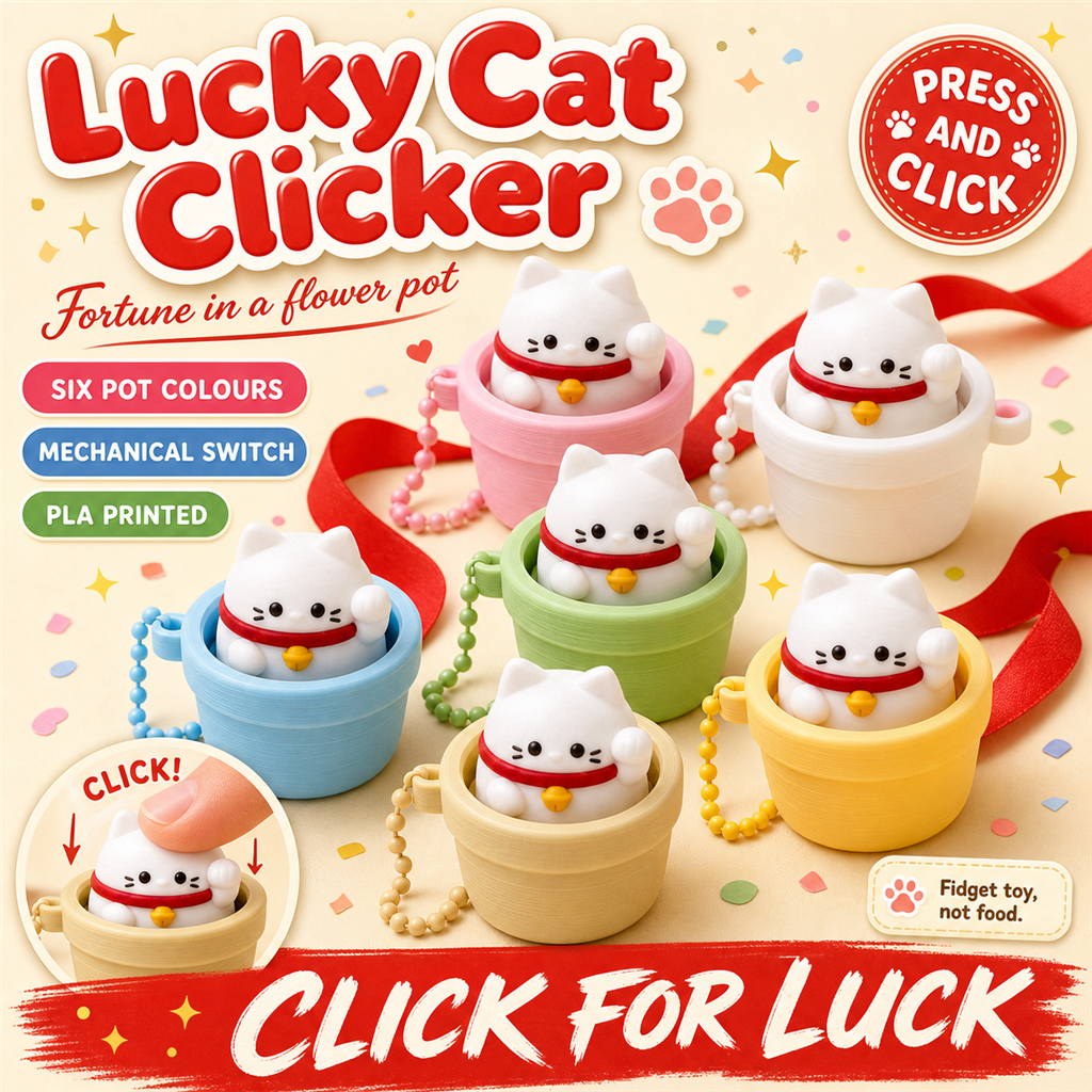 Lucky Cat Clicker poster - 3D-printed lucky cat pot clickers in six colours