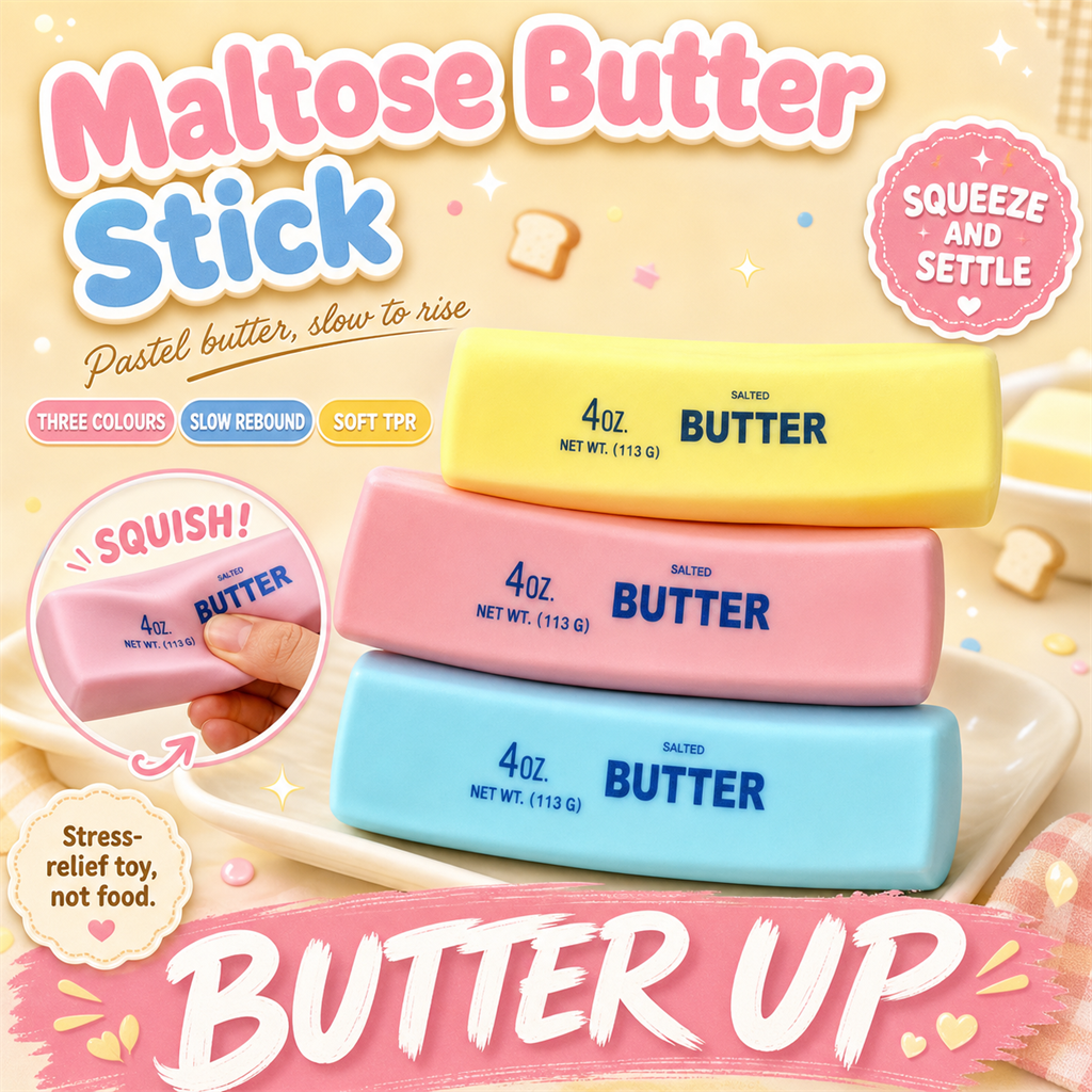 Maltose Butter Stick poster - pastel slow-rebound butter squishies in pink, blue and yellow