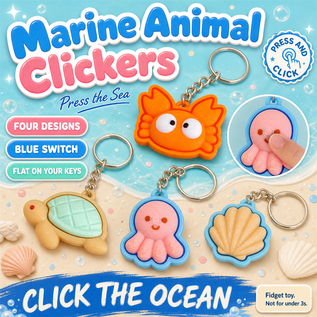 Marine Animal Clickers poster - 3D-printed crab, turtle, octopus and shell clicker keyring charms