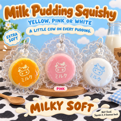 Milk Pudding Squishy poster - yellow, pink and white milk pudding squishies with a cow face print, each in a clear frilly pouch