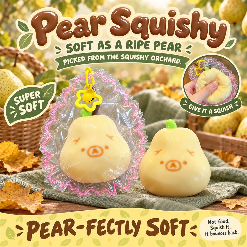 Pear Squishy poster - soft yellow pear squishy in its clear frilly pouch on an orchard market table