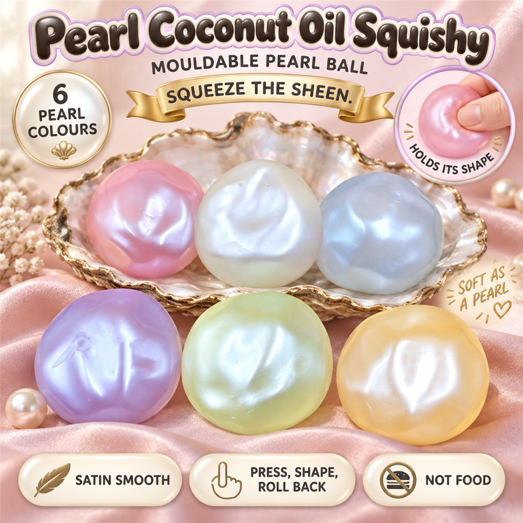 Pearl Coconut Oil Squishy poster - six mouldable coconut-oil balls with a mother-of-pearl sheen in an oyster shell on blush satin