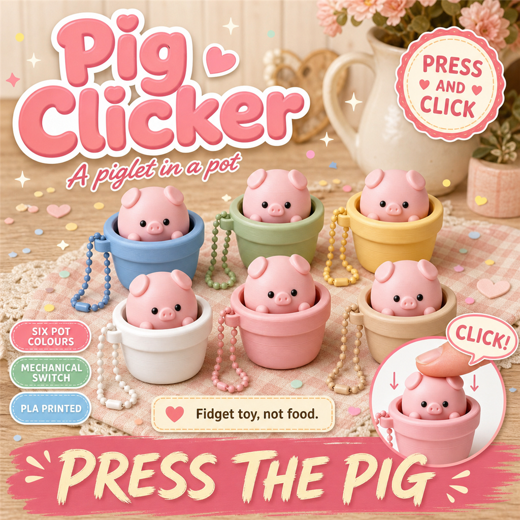 Pig Clicker poster - 3D-printed piglet pot clickers in six colours