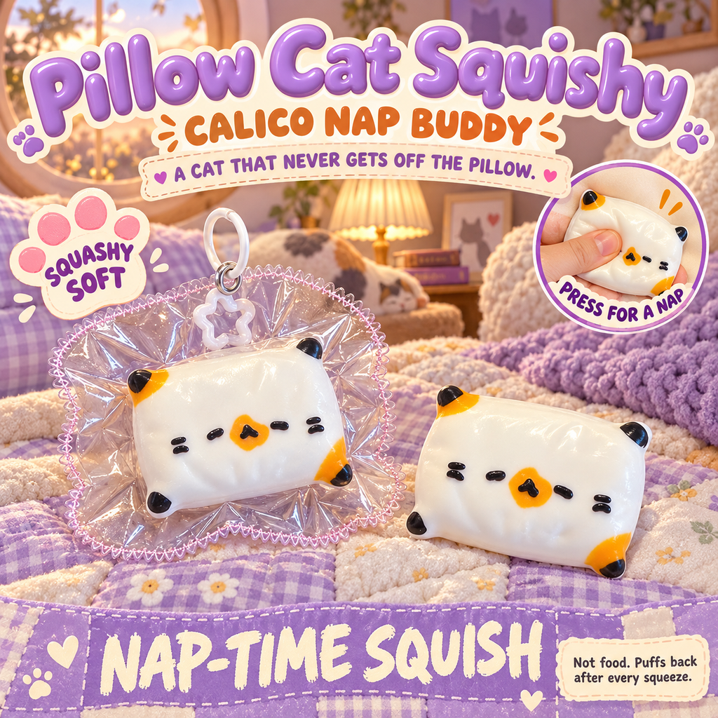 Pillow Cat Squishy poster - white calico pillow cat squishy in its clear frilly pouch on a patchwork quilt
