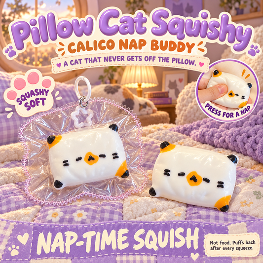 Pillow Cat Squishy poster - white calico pillow cat squishy in its clear frilly pouch on a patchwork quilt