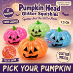 Halloween Pumpkin Head glitter squishies in orange, blue, pink and green