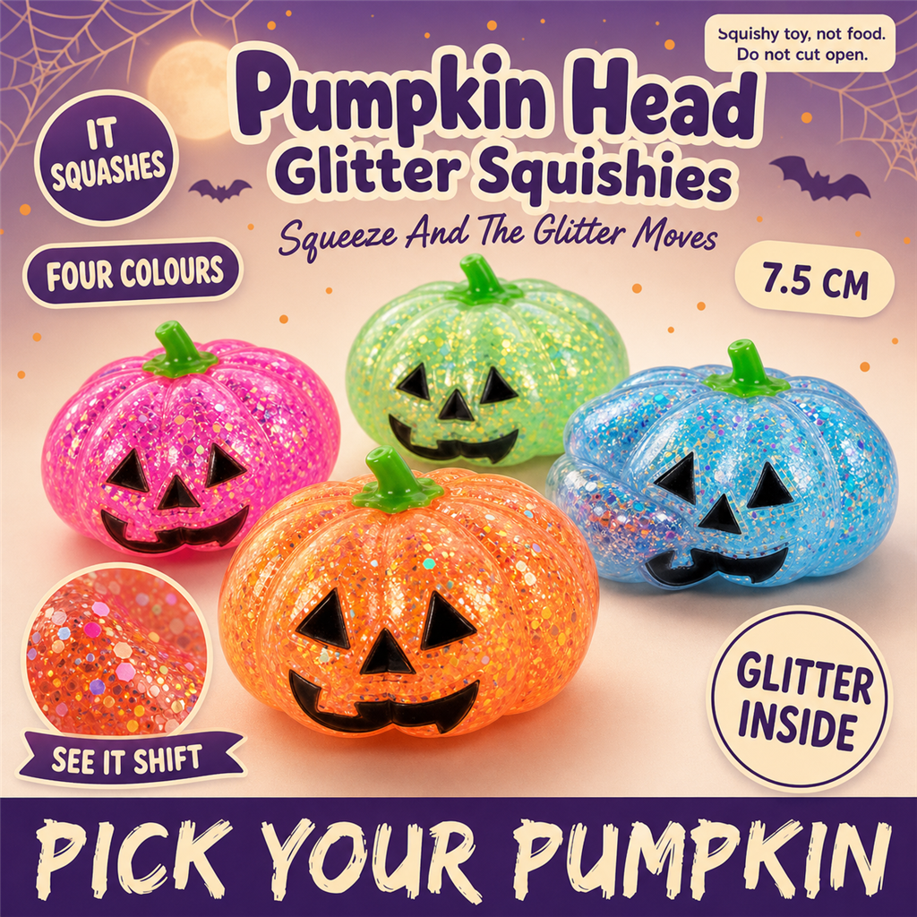 Halloween Pumpkin Head glitter squishies in orange, blue, pink and green