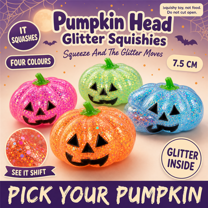 Halloween Pumpkin Head glitter squishies in orange, blue, pink and green