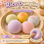 Rice Dumpling Squishy poster - five matte mochi dome squishies in taro, strawberry, honeydew, butter and blue in a bamboo steamer