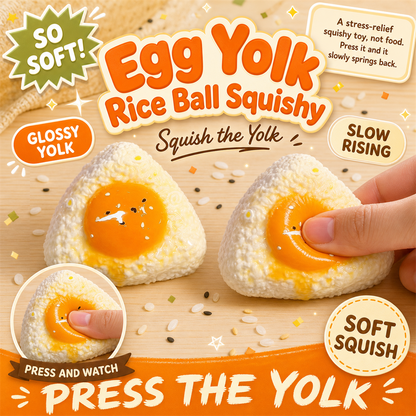 Egg Yolk Rice Ball Squishy poster - soft slow-rising onigiri stress toy with glossy yolk centre