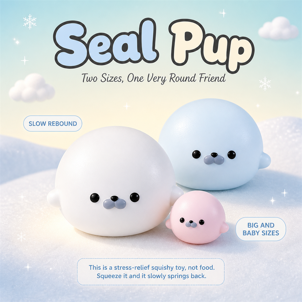Seal Pup Squishy poster - white, blue and pink round seal squishies in big and baby sizes on a soft polar shore