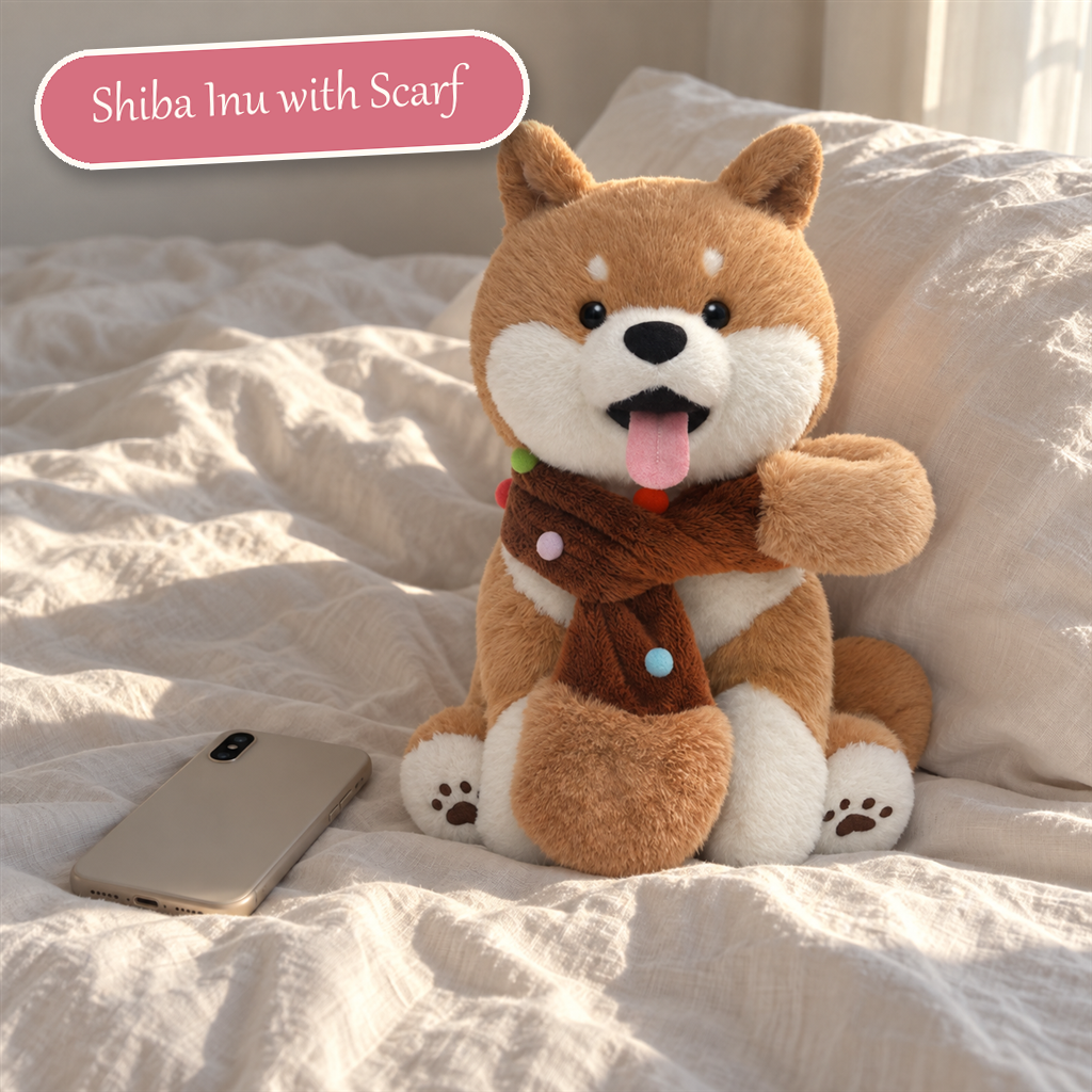 Shiba Inu with Scarf Plush - sitting Shiba plush in a knitted scarf on warm-white bedding with a phone for scale