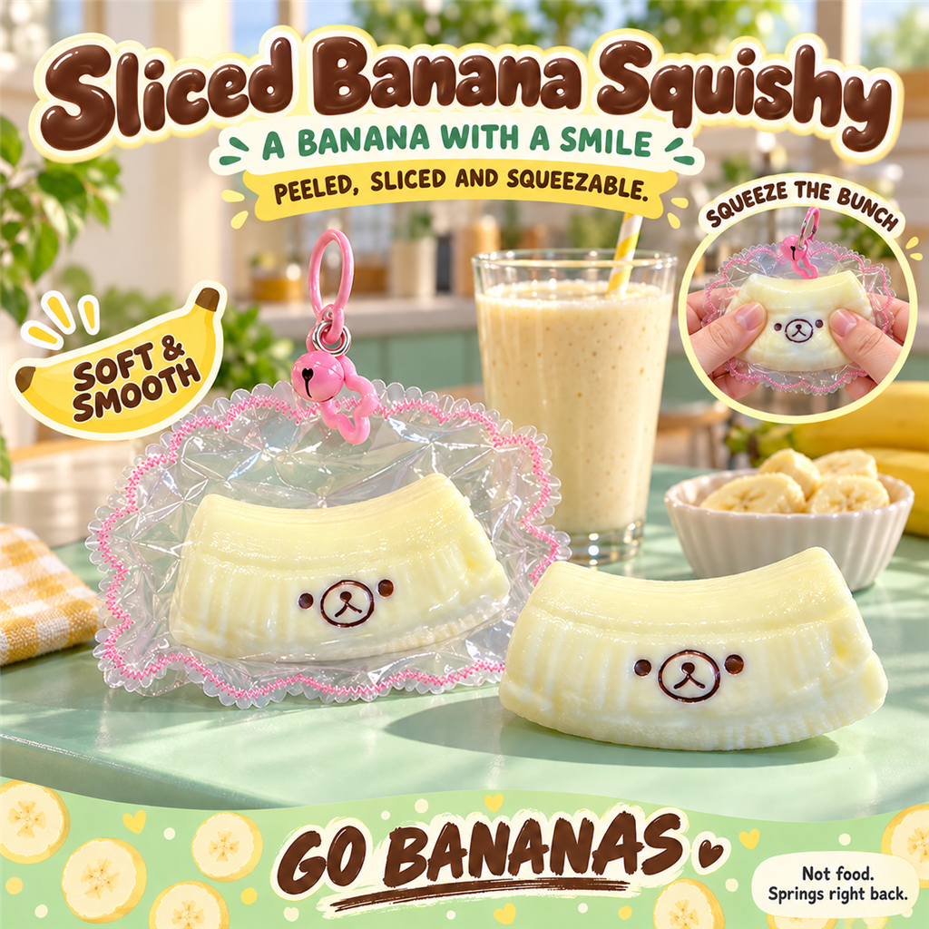 Sliced Banana Squishy poster - pale yellow banana squishy in its clear frilly pouch at a smoothie bar