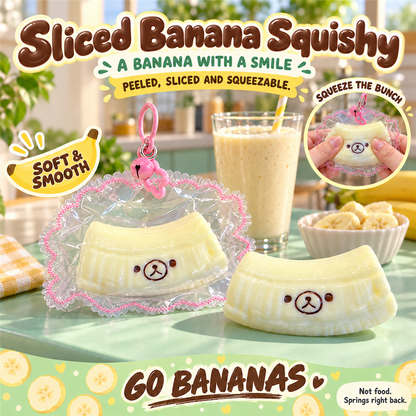 Sliced Banana Squishy poster - pale yellow banana squishy in its clear frilly pouch at a smoothie bar