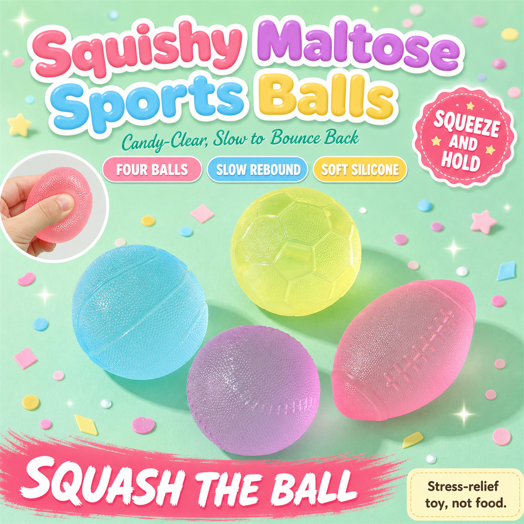 Squishy Maltose Sports Balls poster - translucent pastel rugby, basketball, baseball and football squishies