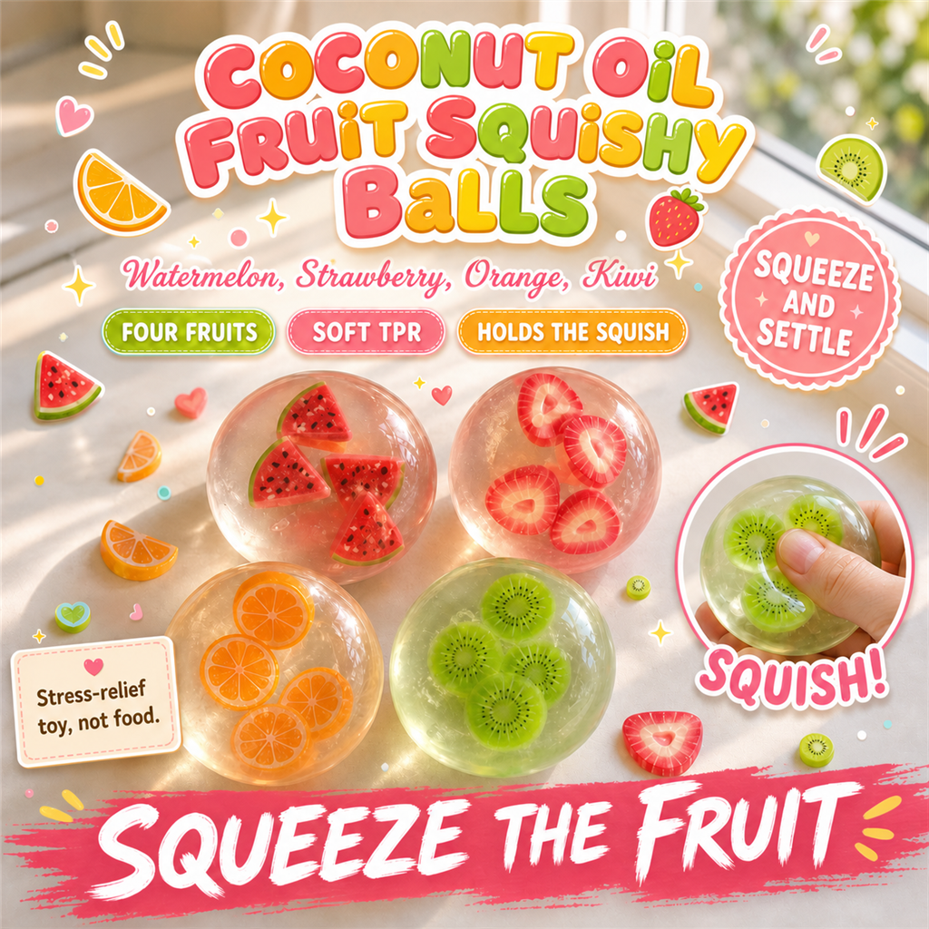 Coconut Oil Fruit Squishy Balls poster - clear squishy balls with watermelon, strawberry, orange and kiwi slices inside, S&S Village hero