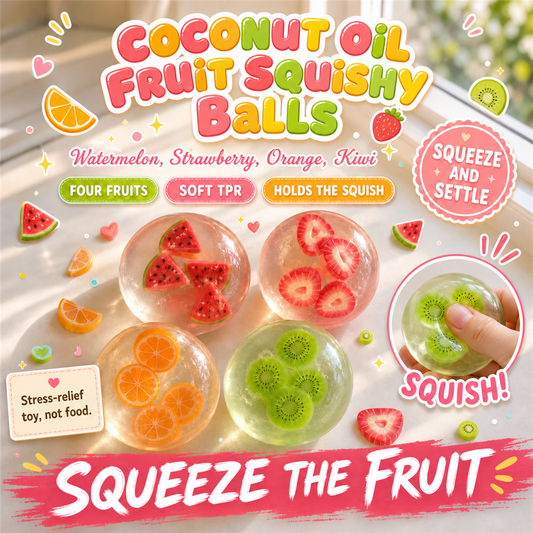 Coconut Oil Fruit Squishy Balls poster - clear squishy balls with watermelon, strawberry, orange and kiwi slices inside, S&S Village hero