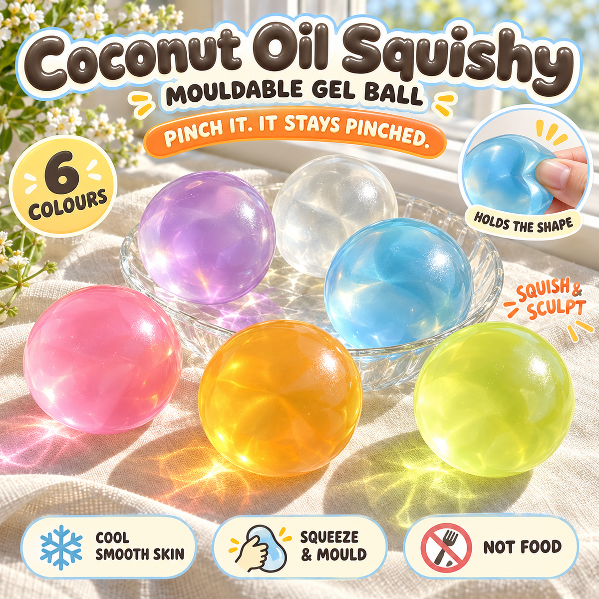 Coconut Oil Squishy: six translucent mouldable gel balls (purple, yellow, blue, pink, orange, clear) glowing in sunlight on a windowsill, S&S Village hero poster