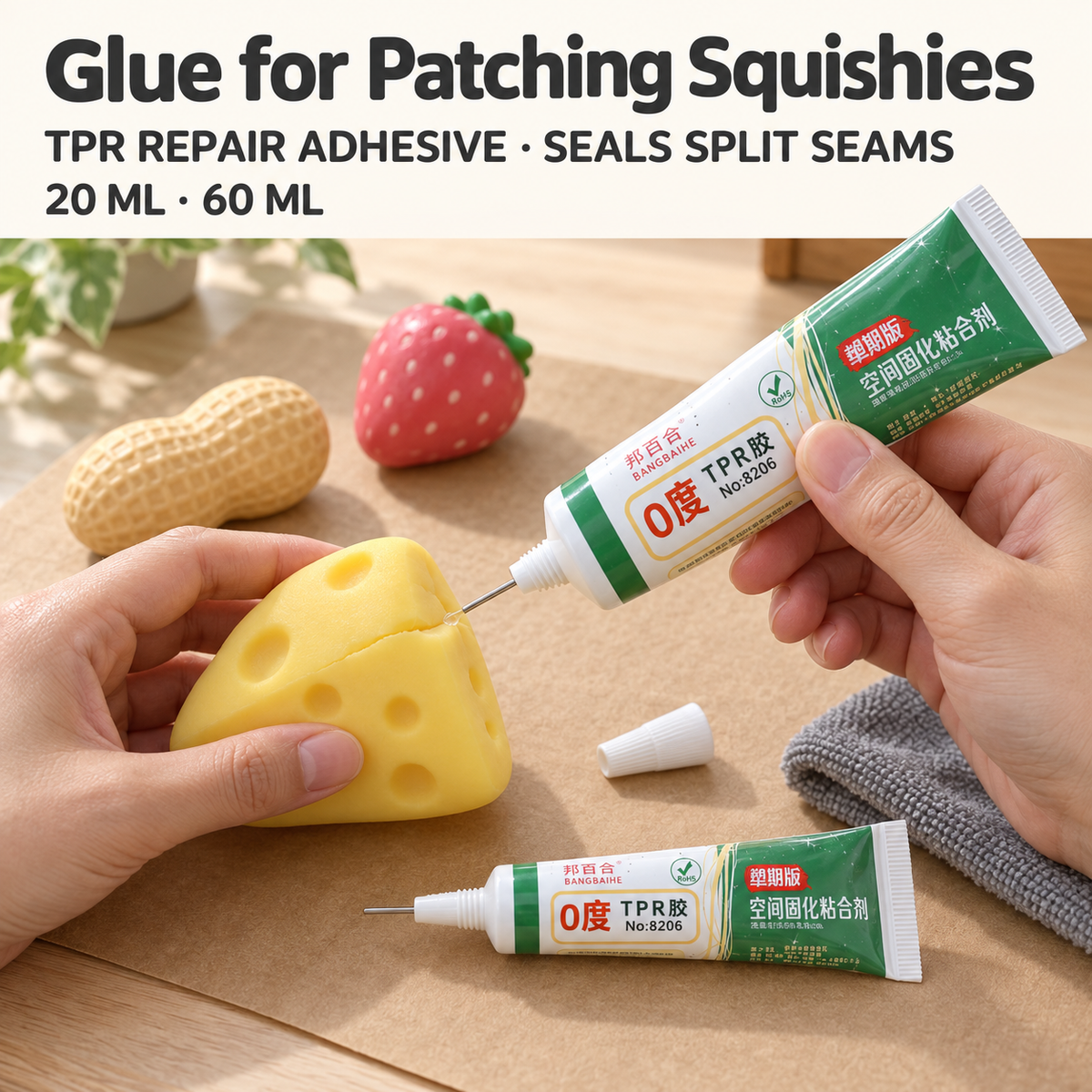 Glue for Patching Squishies: BANGBAIHE TPR repair adhesive tubes with needle tip, sealing a split seam on a cheese squishy at a repair bench