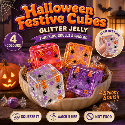 Halloween Festive Cubes glitter jelly squishies in four colours spilling from a trick-or-treat candy bowl, printed with pumpkins, skulls and spiders