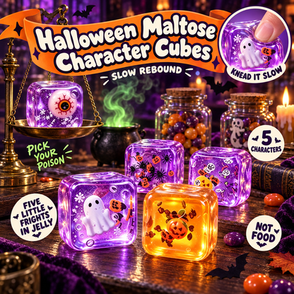 Halloween Maltose Character Cubes: five translucent jelly squishy cubes with a ghost, spider, eyeball or pumpkin sealed inside, on a witch's sweet counter
