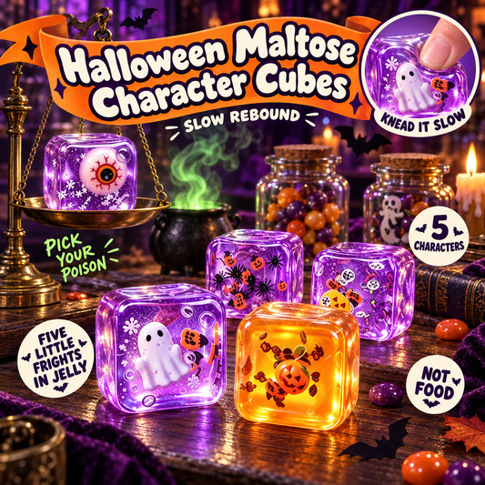 Halloween Maltose Character Cubes: five translucent jelly squishy cubes with a ghost, spider, eyeball or pumpkin sealed inside, on a witch's sweet counter