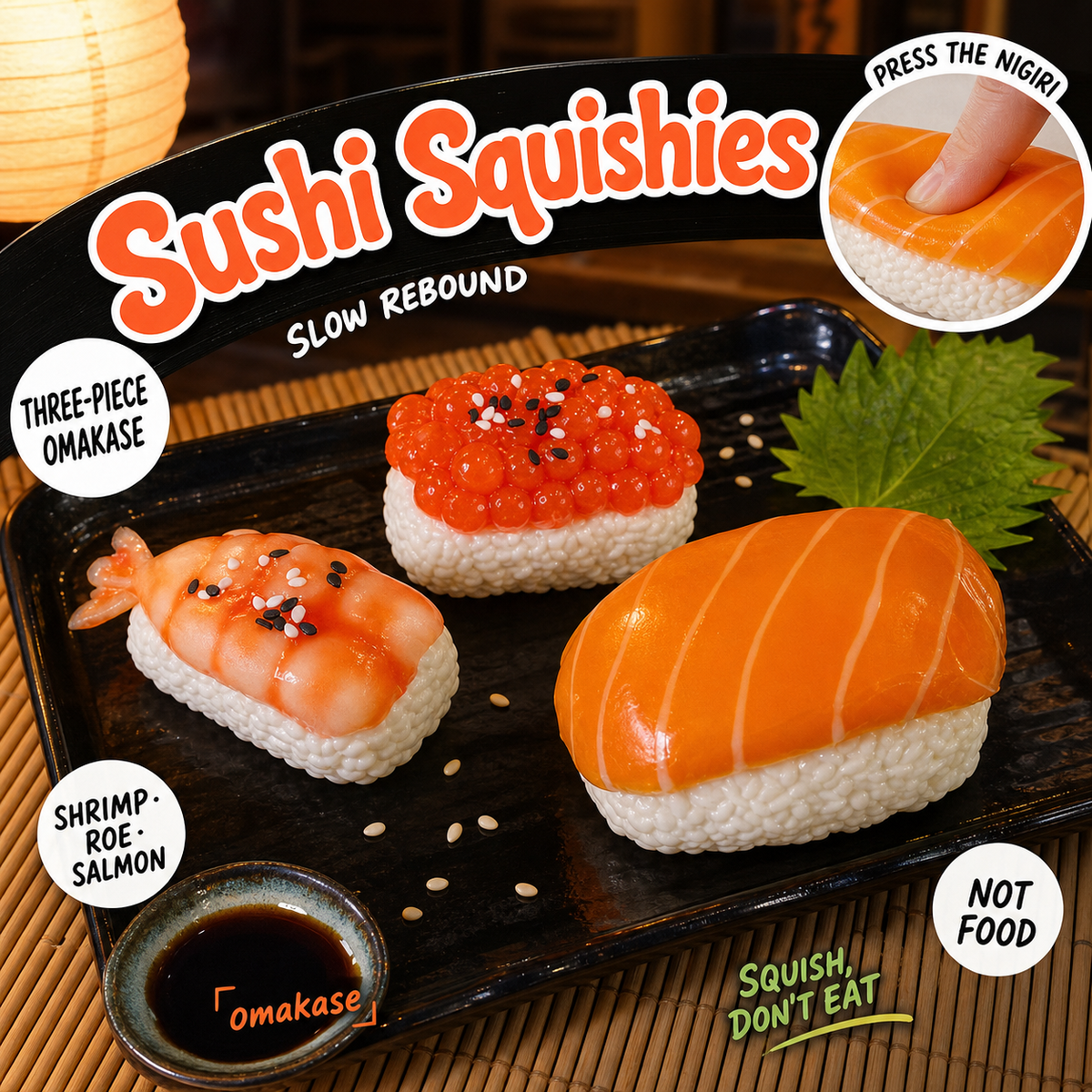 Sushi Squishies slow-rebound nigiri set of three (shrimp, salmon roe, salmon) on a black lacquer tray at a sushi counter