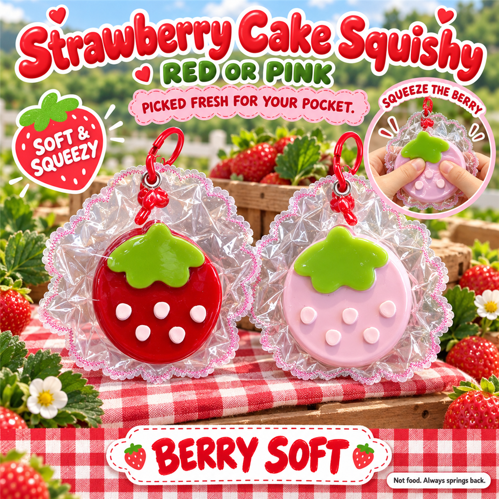 Strawberry Cake Squishy poster - red and pink strawberry squishies in their clear frilly pouches on a gingham picnic cloth