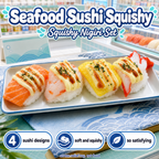 Seafood Sushi Squishy poster - four soft nigiri sushi stress toys on a plate