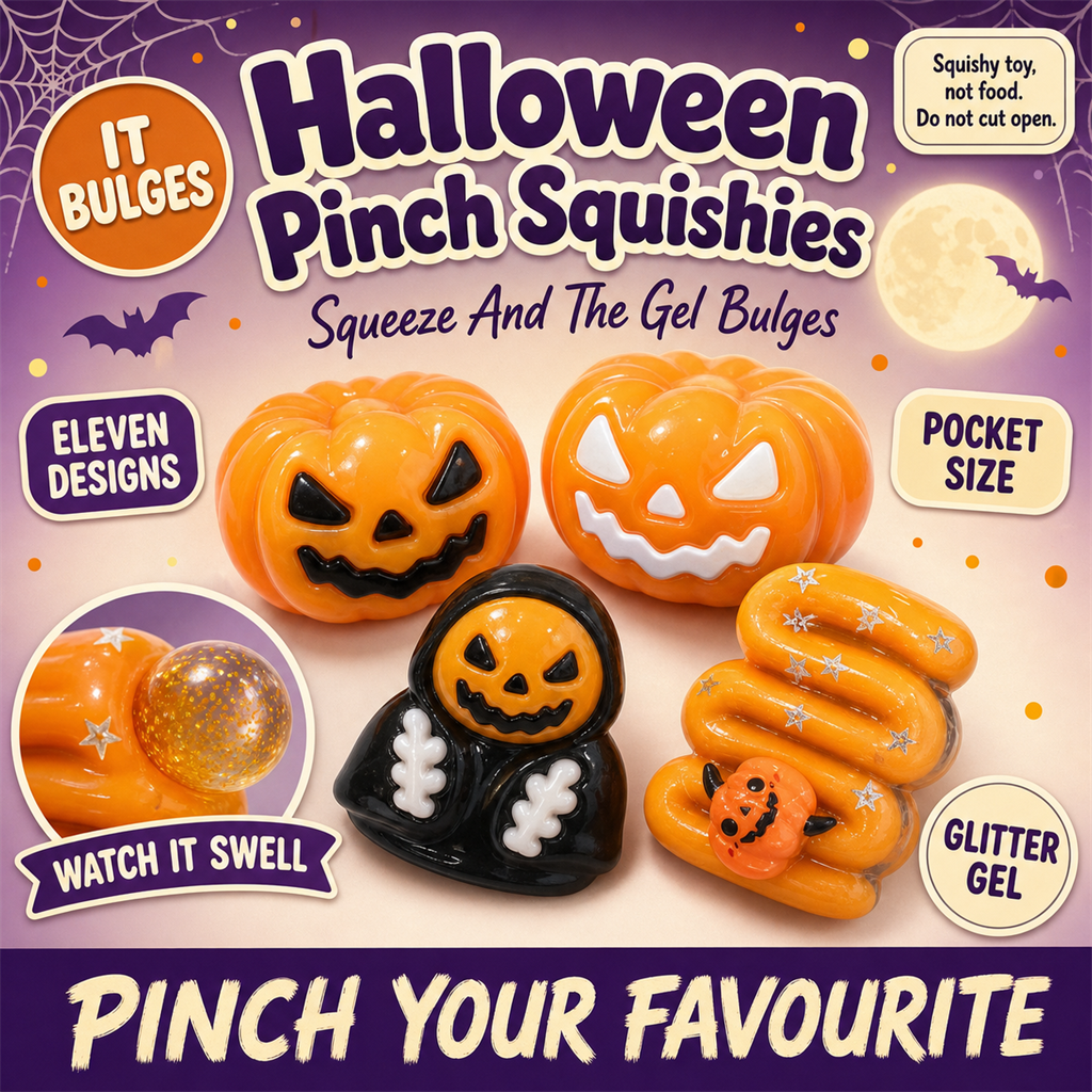 Gel-filled Halloween pinch squishies: jack-o-lanterns, grim reaper and cream bar
