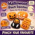 Gel-filled Halloween pinch squishies: jack-o-lanterns, grim reaper and cream bar