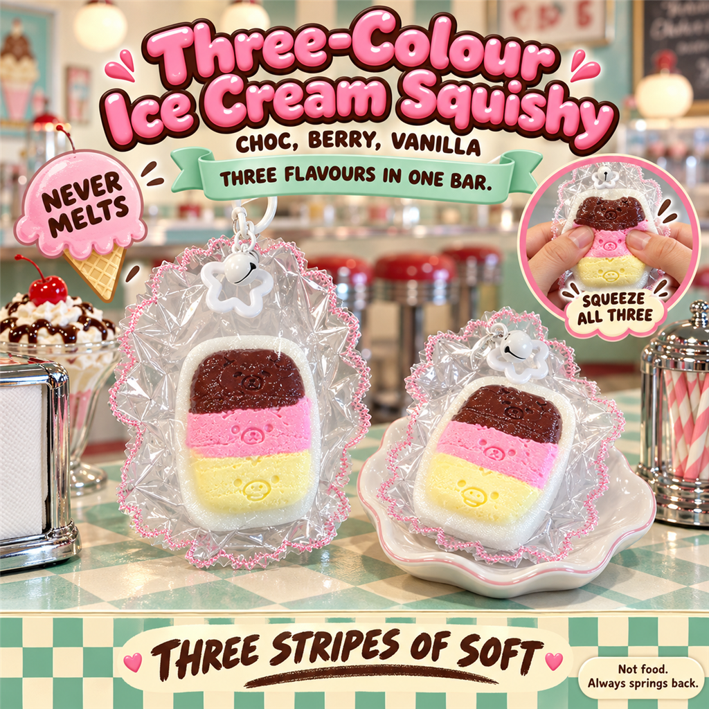 Three-Colour Ice Cream Squishy poster - chocolate, strawberry and vanilla striped bar squishy in its clear frilly pouch at an ice cream parlour