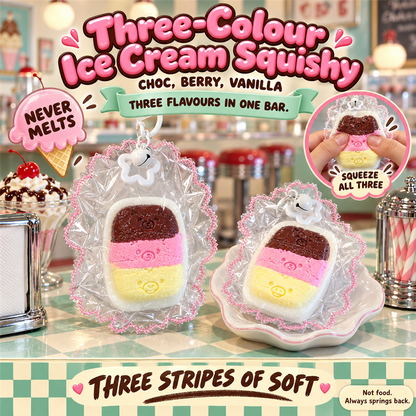 Three-Colour Ice Cream Squishy poster - chocolate, strawberry and vanilla striped bar squishy in its clear frilly pouch at an ice cream parlour