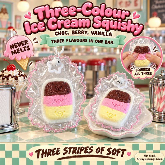 Three-Colour Ice Cream Squishy poster - chocolate, strawberry and vanilla striped bar squishy in its clear frilly pouch at an ice cream parlour
