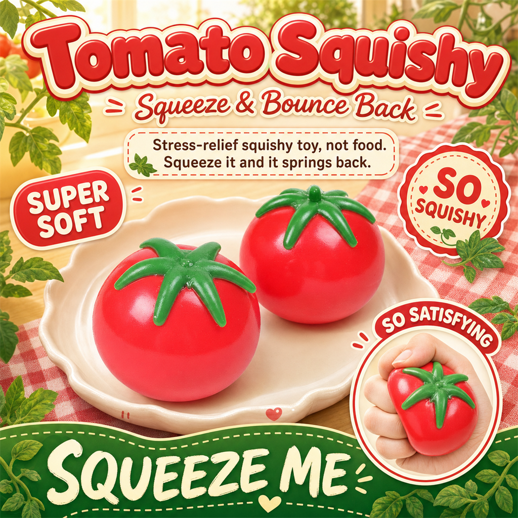 Tomato Squishy — glossy red tomato stress toy, S&S Village poster