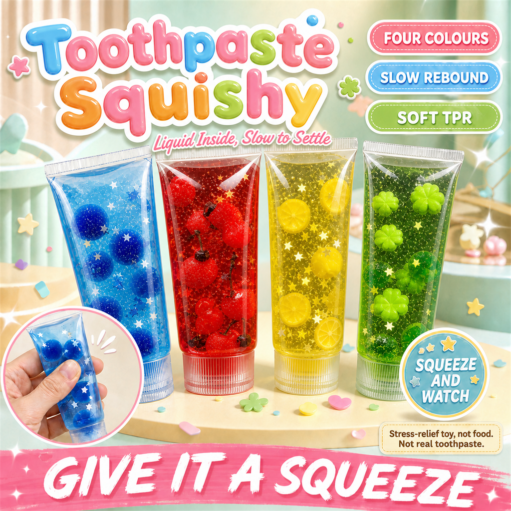Toothpaste Squishy poster - four liquid-filled toothpaste-tube squishies with fruit pieces inside