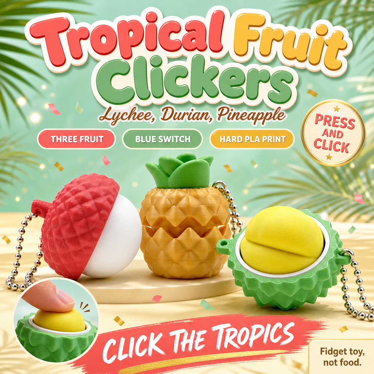 Tropical Fruit Clickers poster - 3D-printed lychee, pineapple and durian clicker keychains