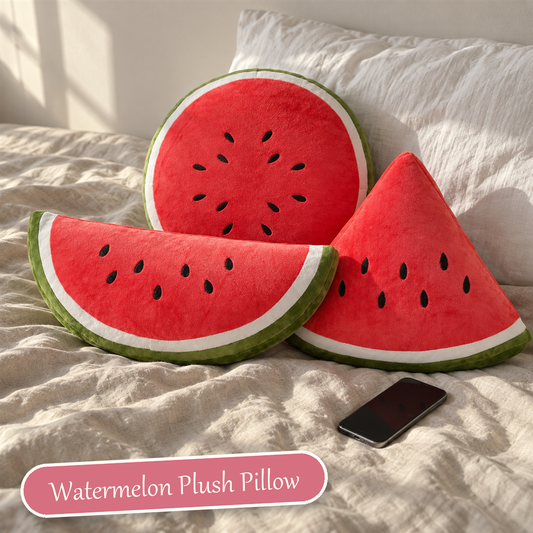 Watermelon Plush Pillow - triangle, round and half-slice watermelon pillows on a linen bed with a phone for scale