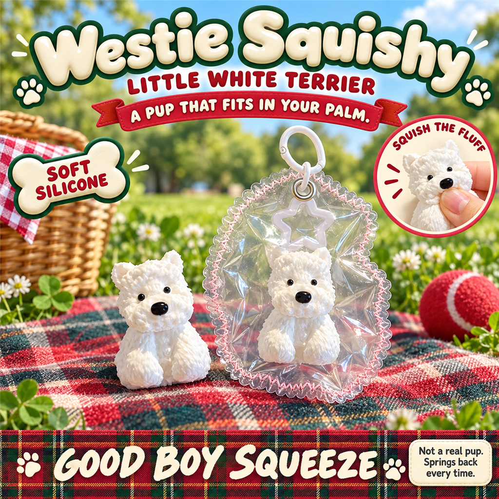 West Highland Terrier Squishy poster - white Westie puppy squishy in its clear frilly pouch on a tartan picnic blanket